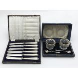 HM SILVER CONDIMENT SET WITH BOXED SET OF SILVER HANDLED KNIVES