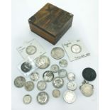 SMALL GROUP OF MOSTLY SILVER COINS IN A WOODEN BOX