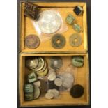 BRASS & JADE CHINESE BOX TO INCLUDE SOUVENIR COINS, SEALS