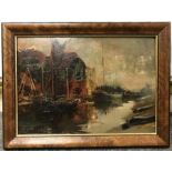E B Walker. Oil on board. “Barges on the River”