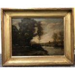 S Gimon 19c French. Oil on panel. “Barbizon River Scene”