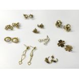 9 CARAT GOLD EARRINGS 9 PAIRS - SOME WITH PEARLS GEMSTONES AND DIAMONDS