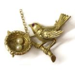 9 CARAT GOLD RUBY AND PEARL BROOCH BIRD WITH NEST