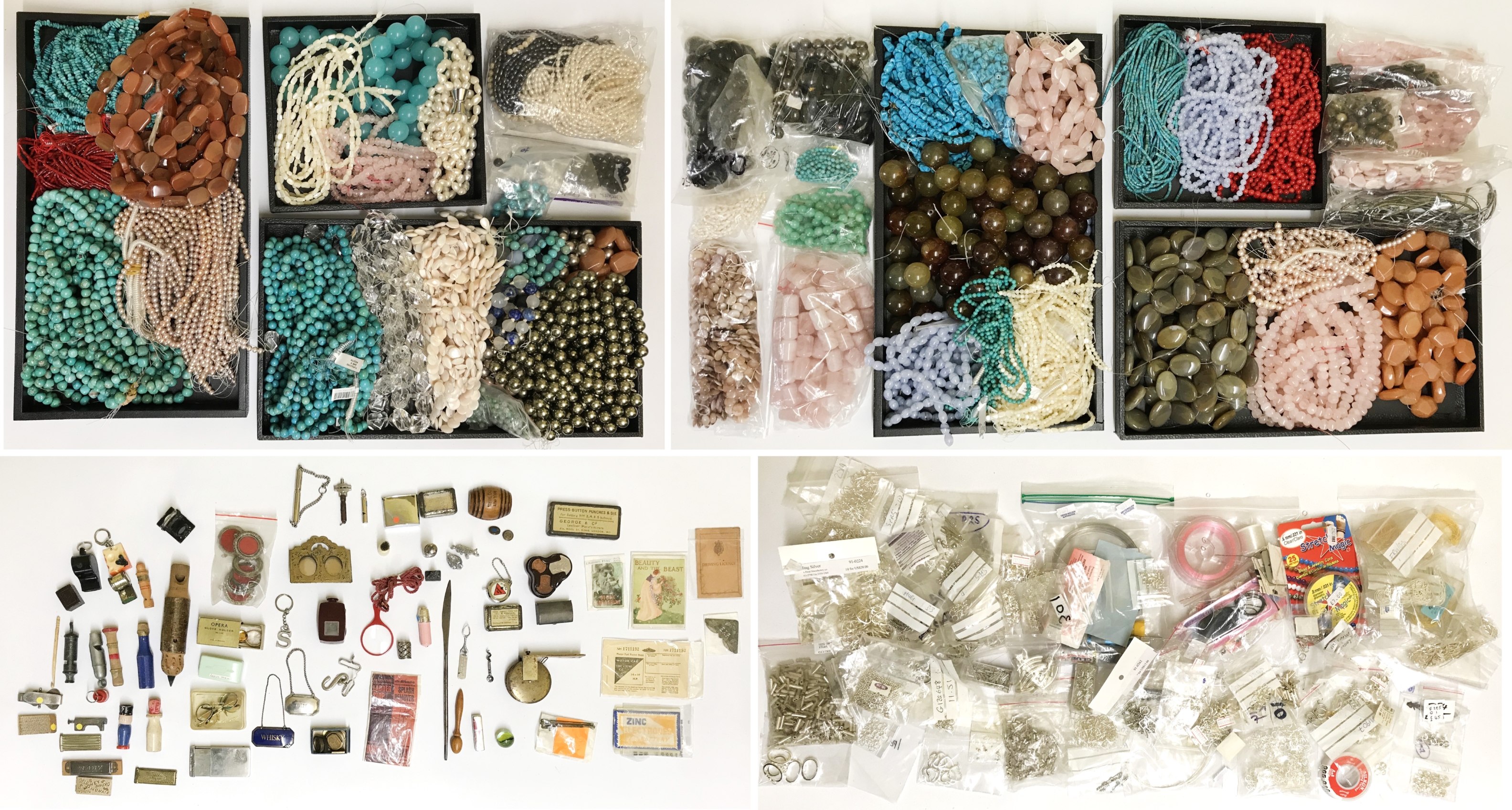 BOX OF VARIOUS SEMI PRECIOUS STONES & PEARLS PLUS SILVER FINDINGS, CLASPS, COTTONS ETC