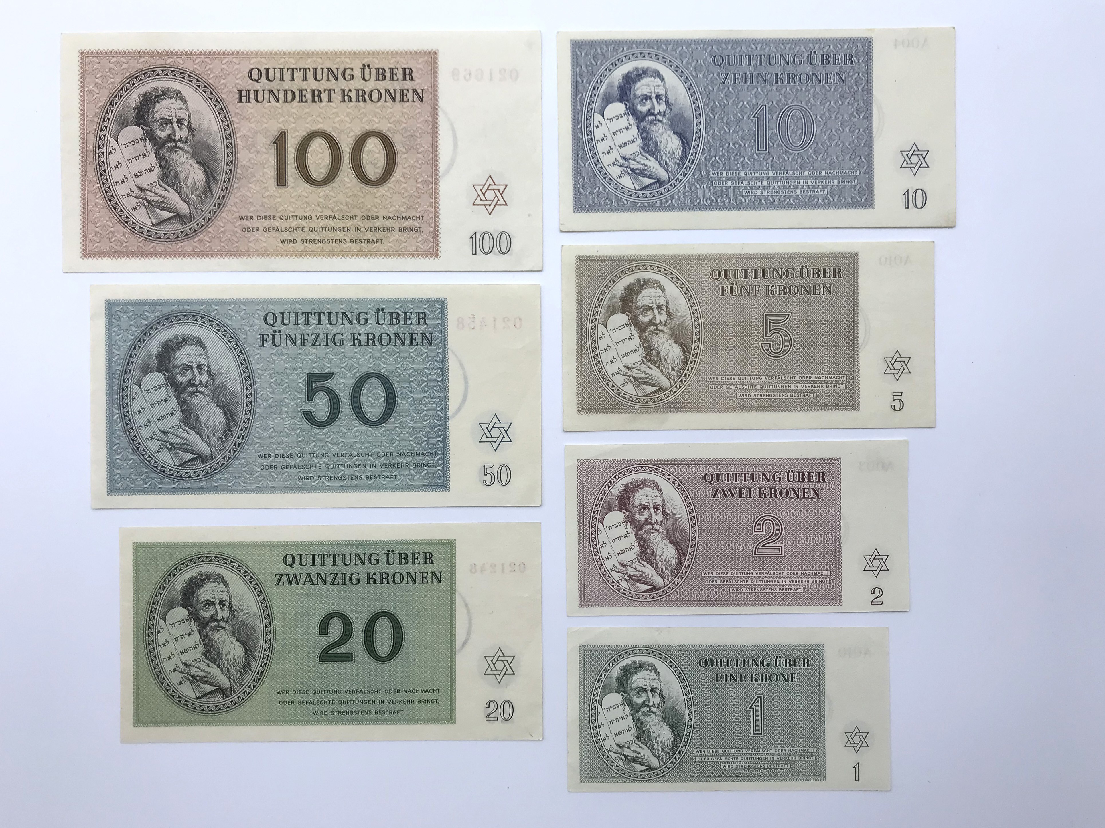 COMPLETE SET 1943 THERESIENSTADT CONCENTRATION CAMP MONEY CZECHOSLOVAKIA