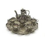 MINIATURE SILVER FILIGREE TEA SET INCLUDING TEAPOT SIX CUPS AND A TRAY