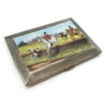 HALLMARKED SILVER AND ENAMEL CIGARETTE CASE HUNTING SCENE