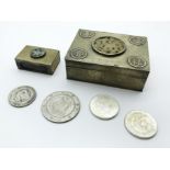 CHINESE BRASS AND JADE BOX AND A FEW COINS