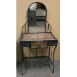 VINTAGE PAINTED DRESSING TABLE WICKER WEAVE WITH MIRROR BACK AND FLORAL DESIGN
