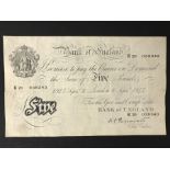 WHITE FIVE POUND NOTE - 1945 SIGNED PEPPIATT - K20 038343