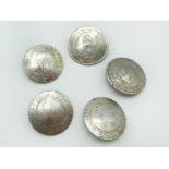 FIVE FRENCH SILVER COINS MADE TO BUTTONS