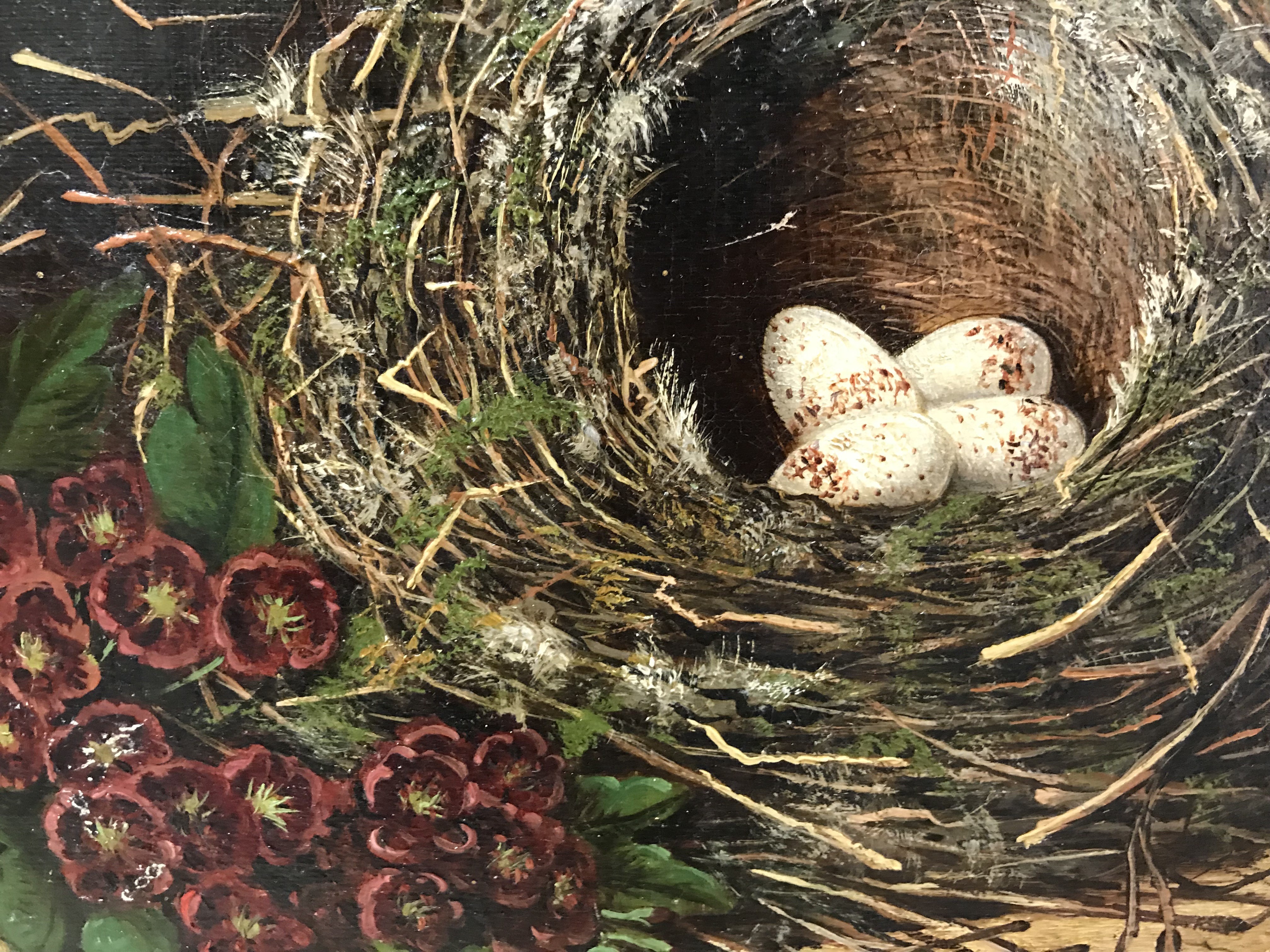 Ben Hold. British. Oil on canvas. “Still Life of Birds Nest and Primroses”. Signed lower left. - Image 2 of 4