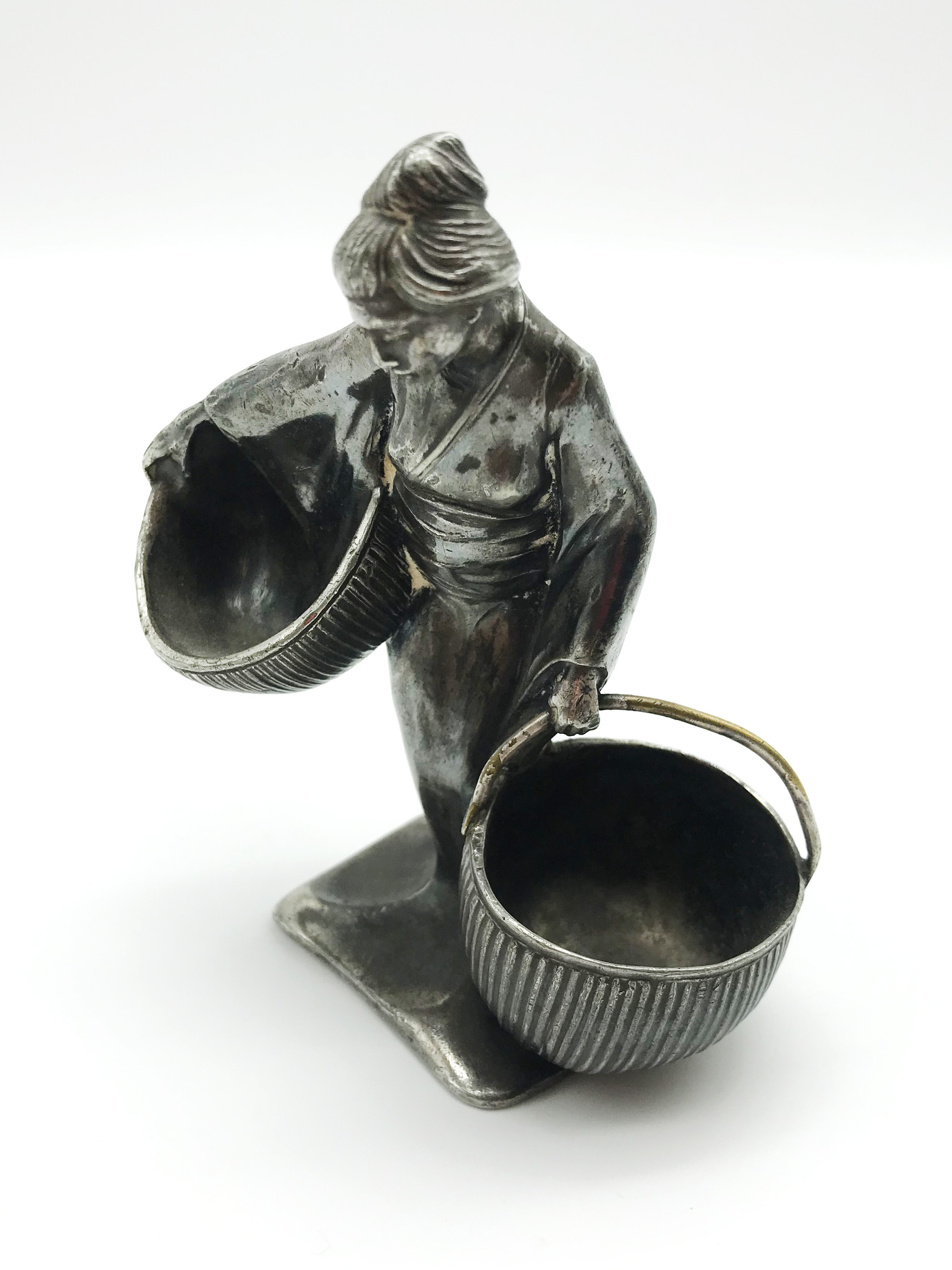 WHITE METAL JAPANESE WOMEN WITH BASKETS FIGURINE