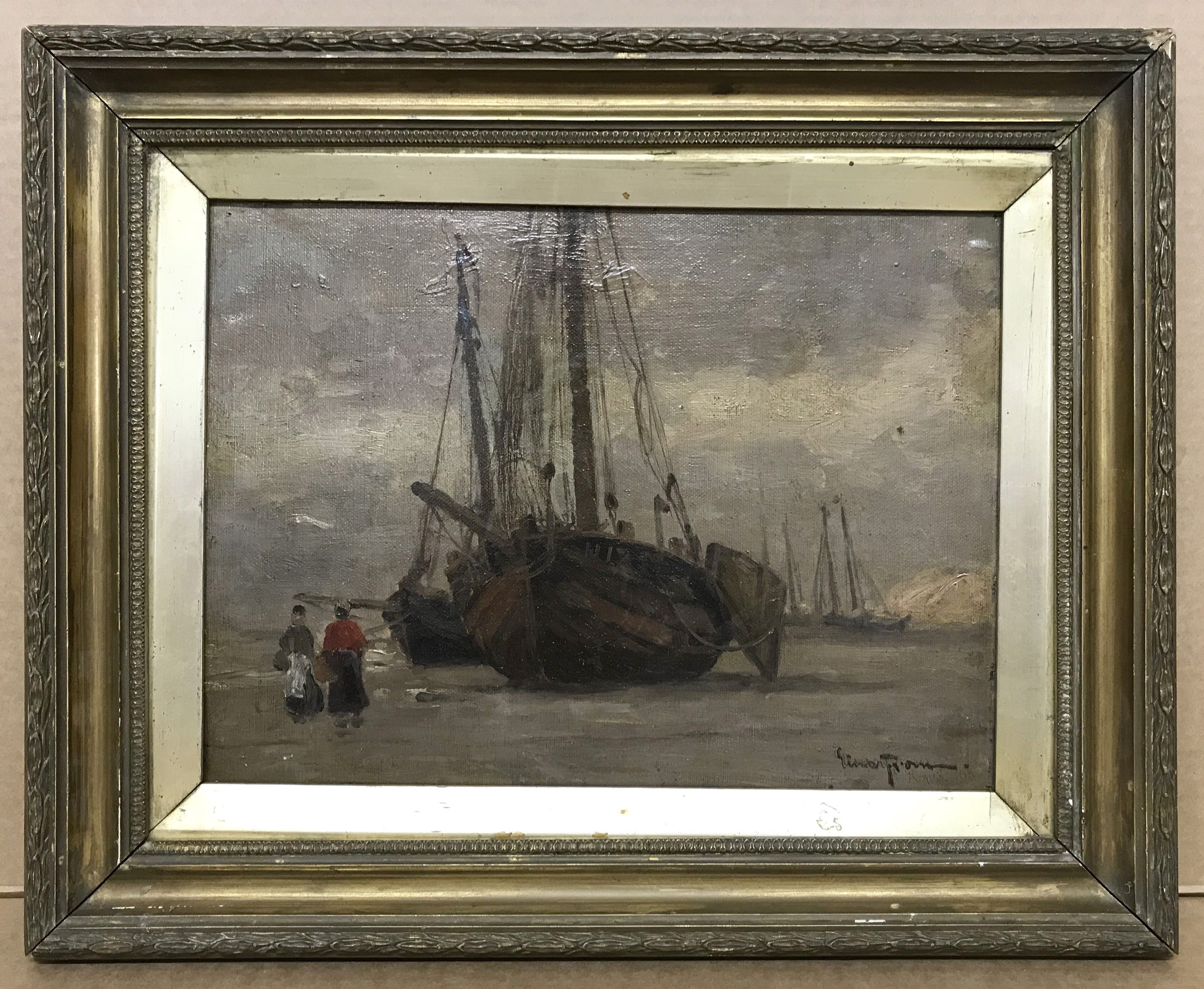 Einar From 1872-1972 Norwegian. Oil on panel. “Figures and Boats on the Beach”. Signed.
