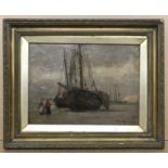 Einar From 1872-1972 Norwegian. Oil on panel. “Figures and Boats on the Beach”. Signed.