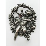 WHITE METAL ORNATE LARGE BROOCH WITH CHERUB