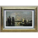 August Siegen 1890-1920. German. Oil on panel. “Ships in a Port”. Signed lower left.