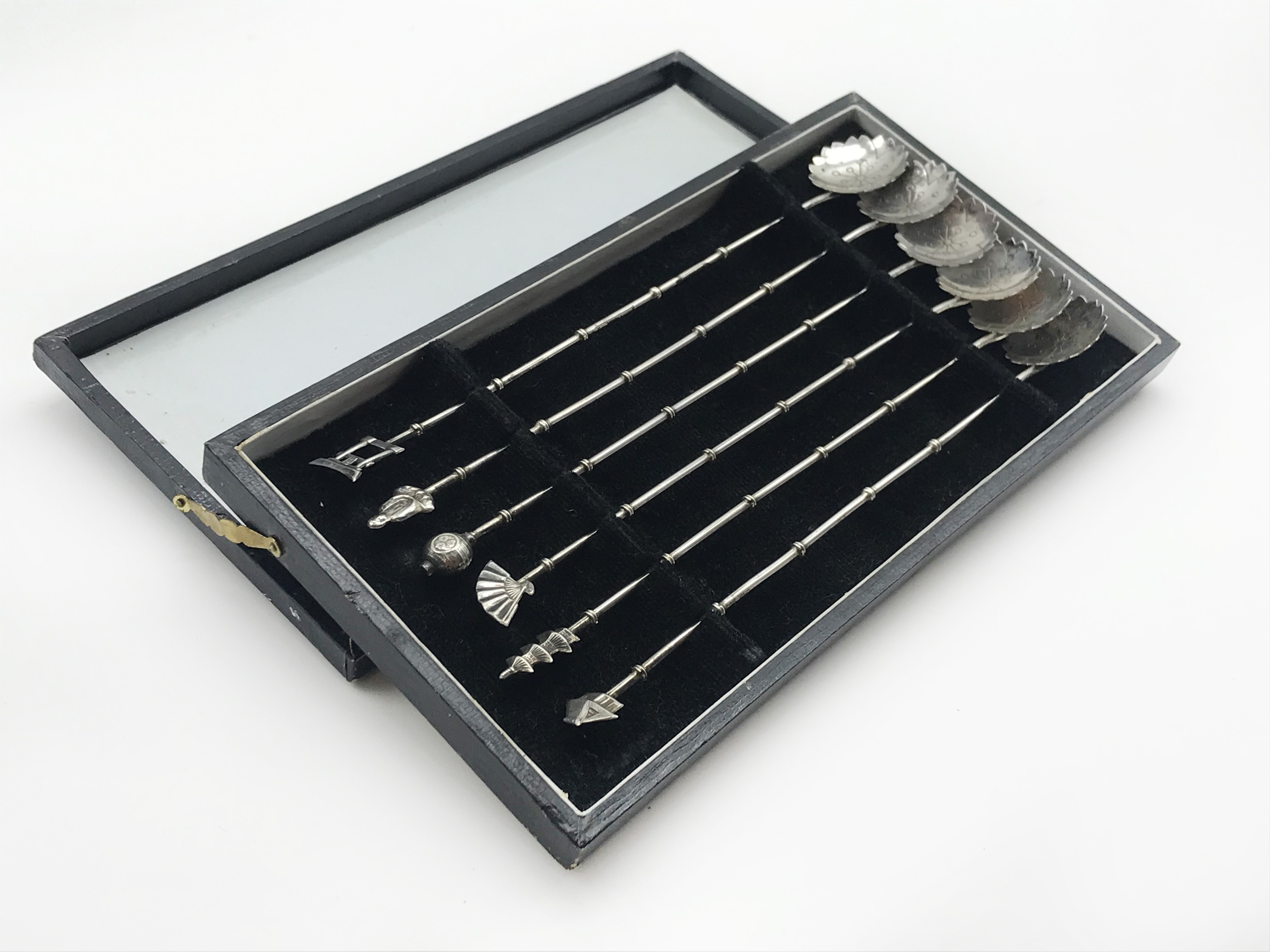 SET OF SIX CASED SILVER BAMBOO STYLE COCKTAIL SPOONS - CHINESE