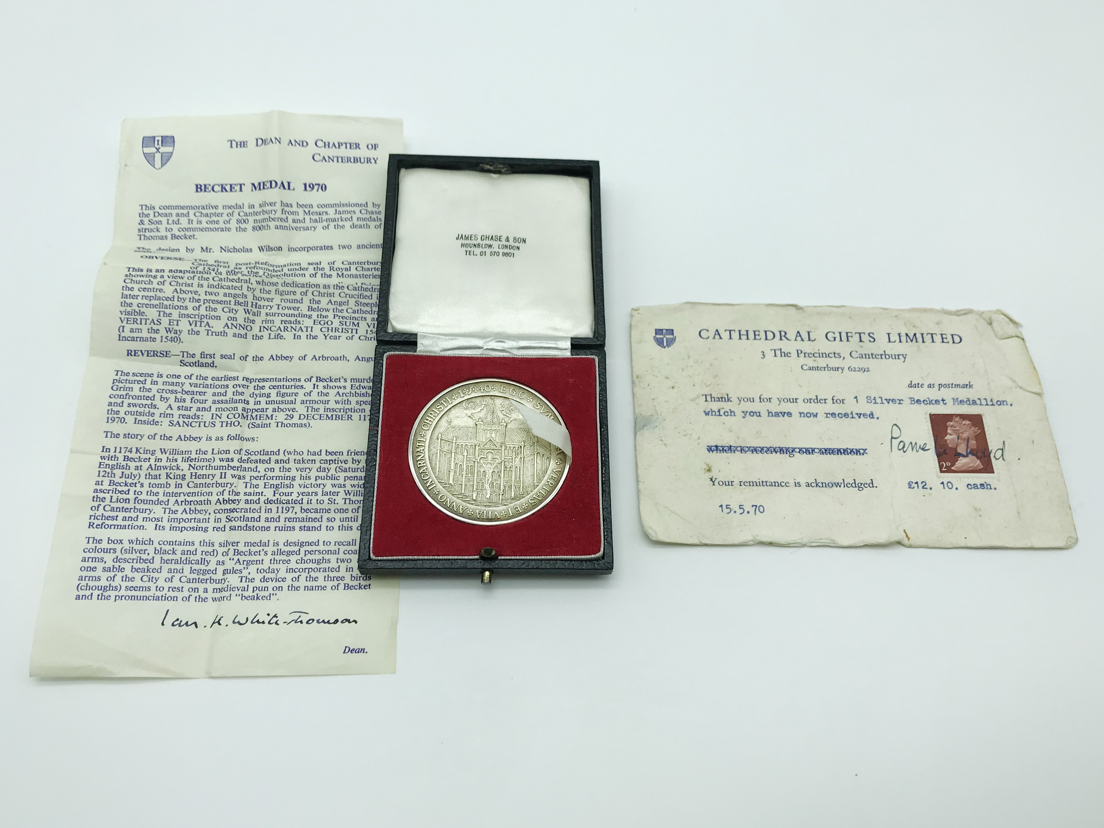 HALLMARKED SILVER 1970 BECKET MEDAL BOXED