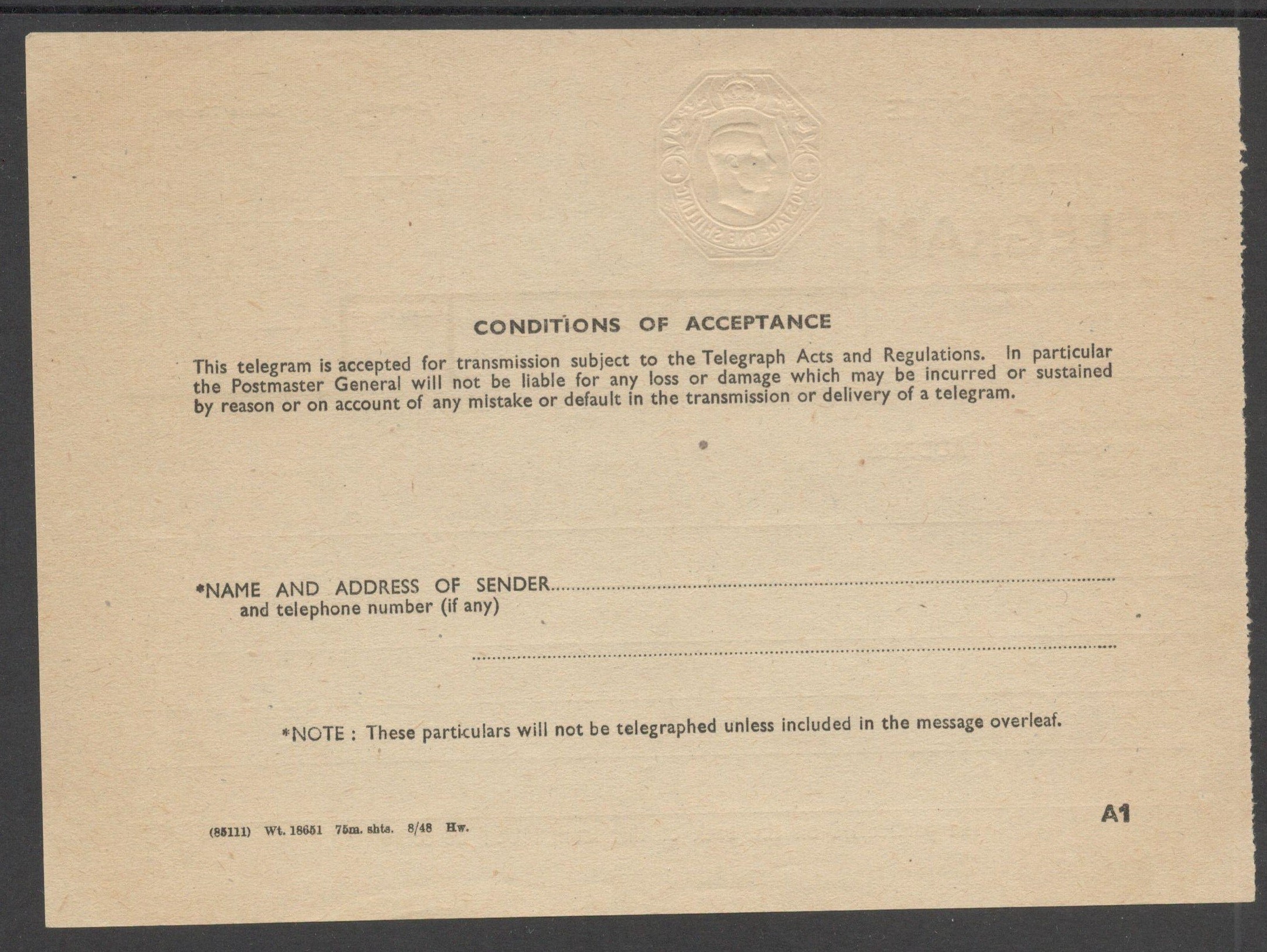POST OFFICE INLAND TELEGRAM 1940 KGVI TELEGRAPH FORM 1 SHILLING TP28 - Image 2 of 2