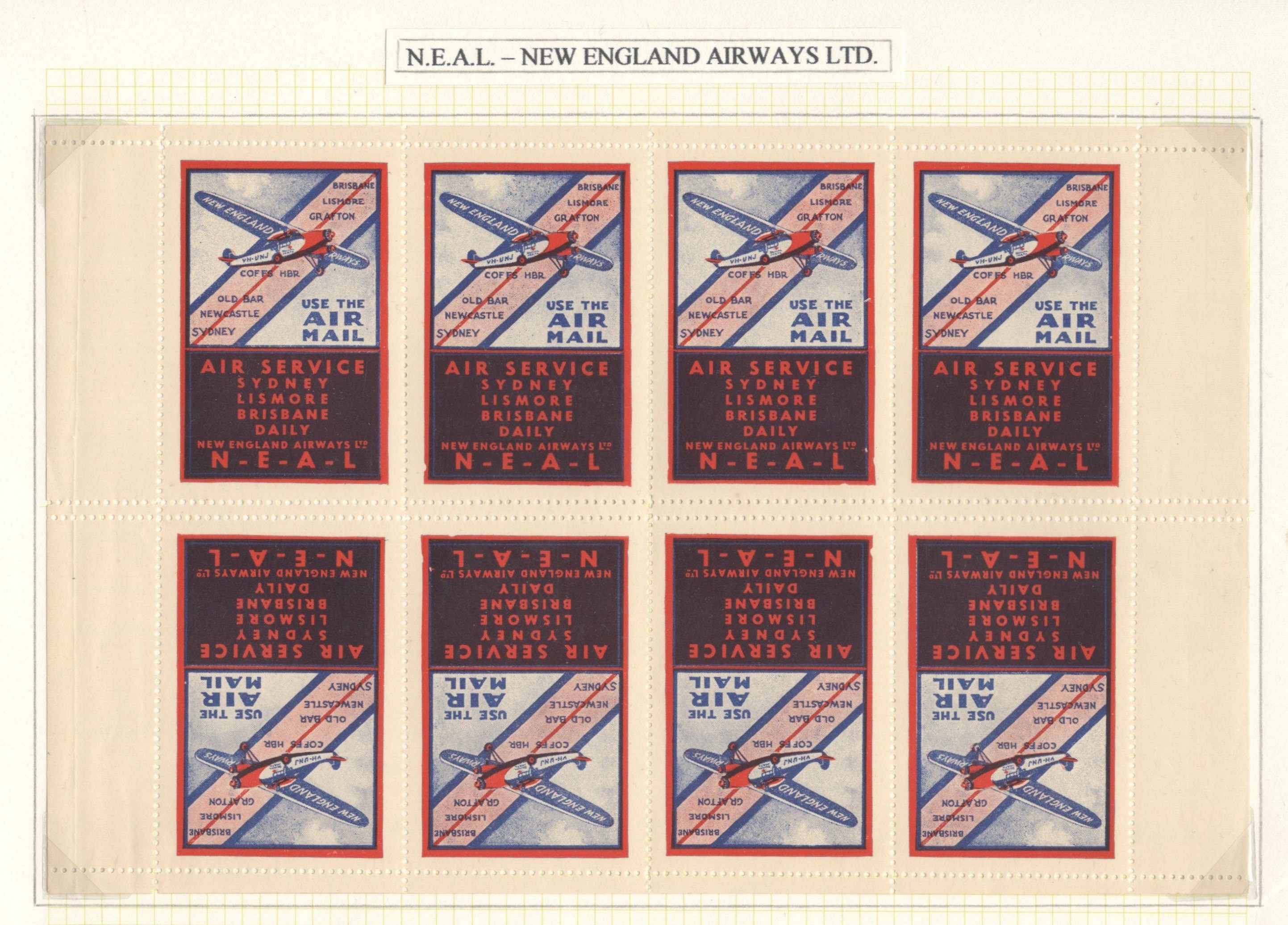 NEW ENGLAND AIRWAYS LTD - NEAL COMPLETE SHEET OF EIGHT POSTER STAMPS