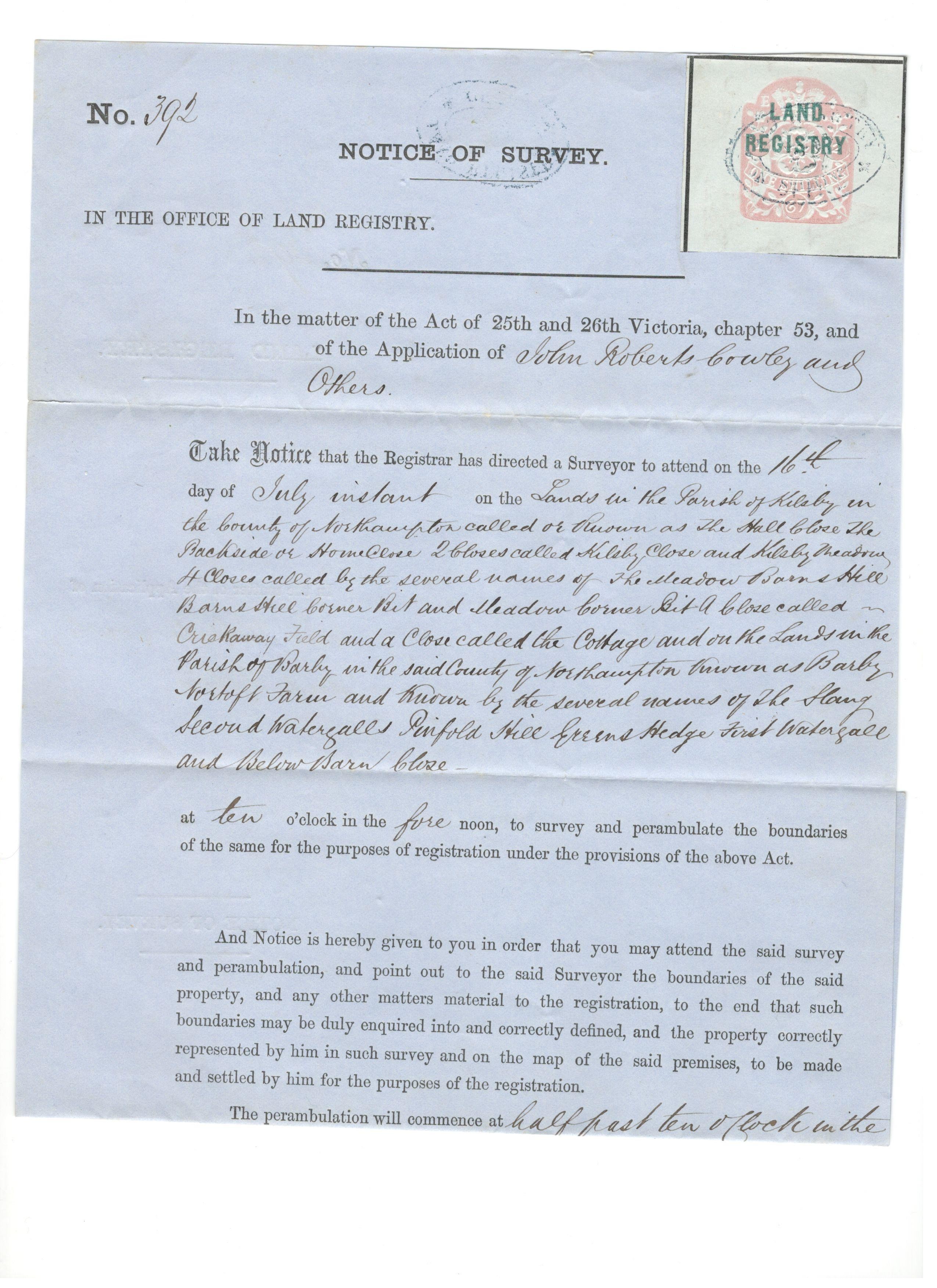 COVER FROM 1867 TO LAND REGISTRY WITH 4 PENCE AND ACCOMPANYING LETTER WITH FISCAL STAMP