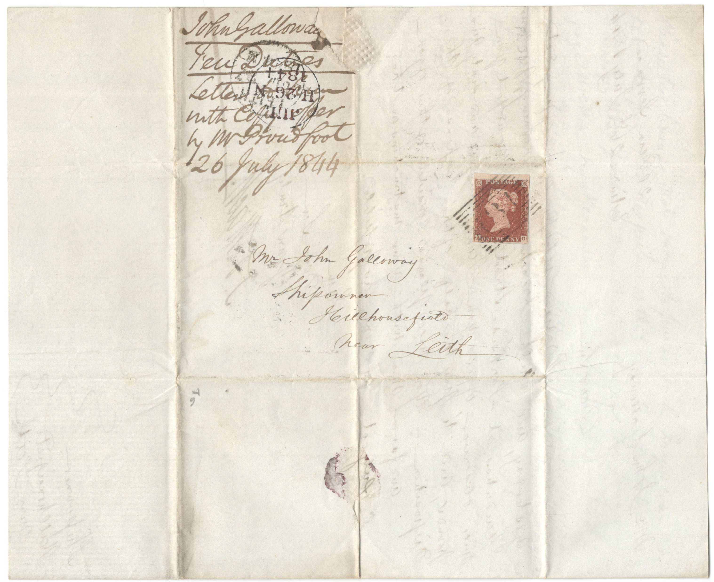 POSTAL HISTORY 1844 ENTIRE STAMPED WITH RED PENNY STAMP