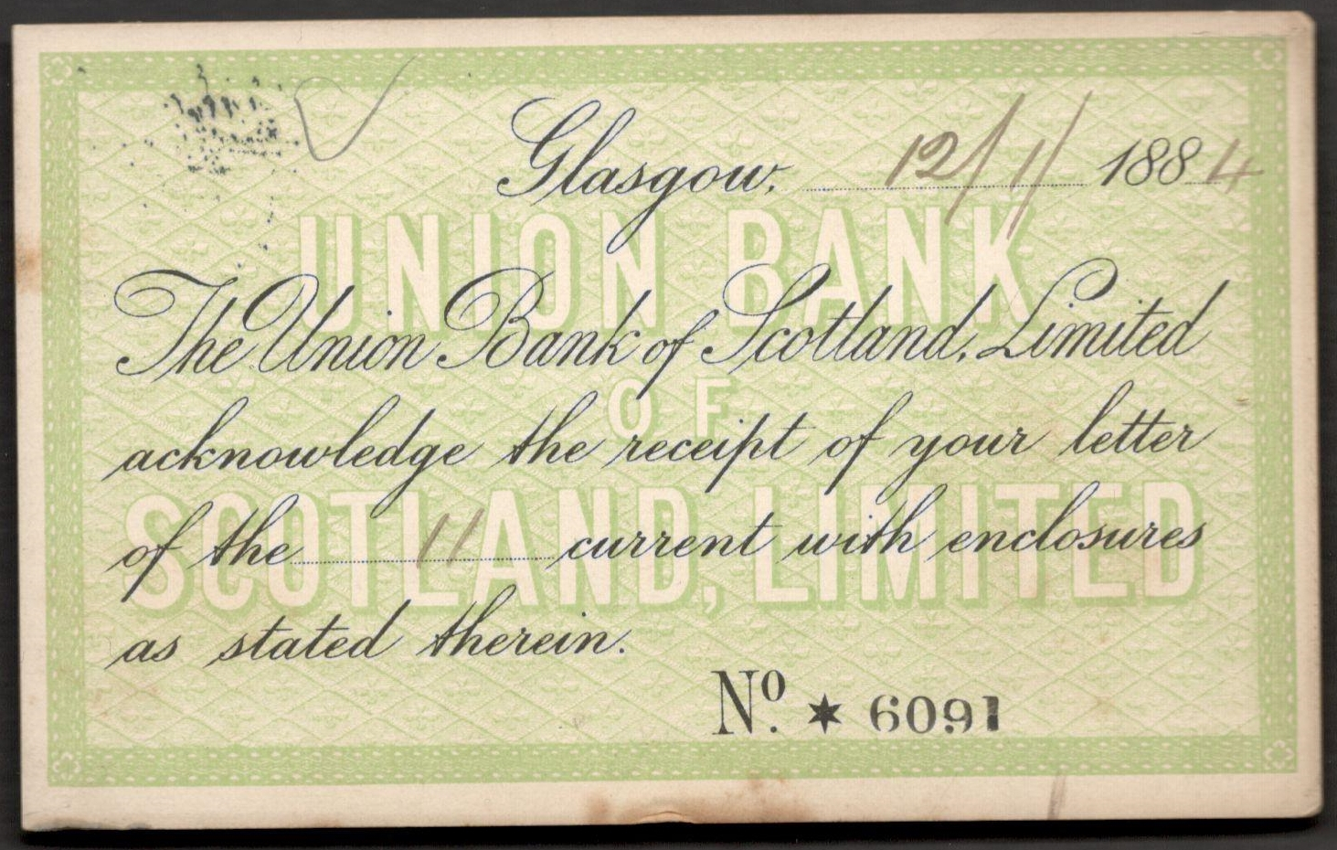 QV POSTAL STATIONERY CARD 1884 UNION BANK OF SCOTLAND