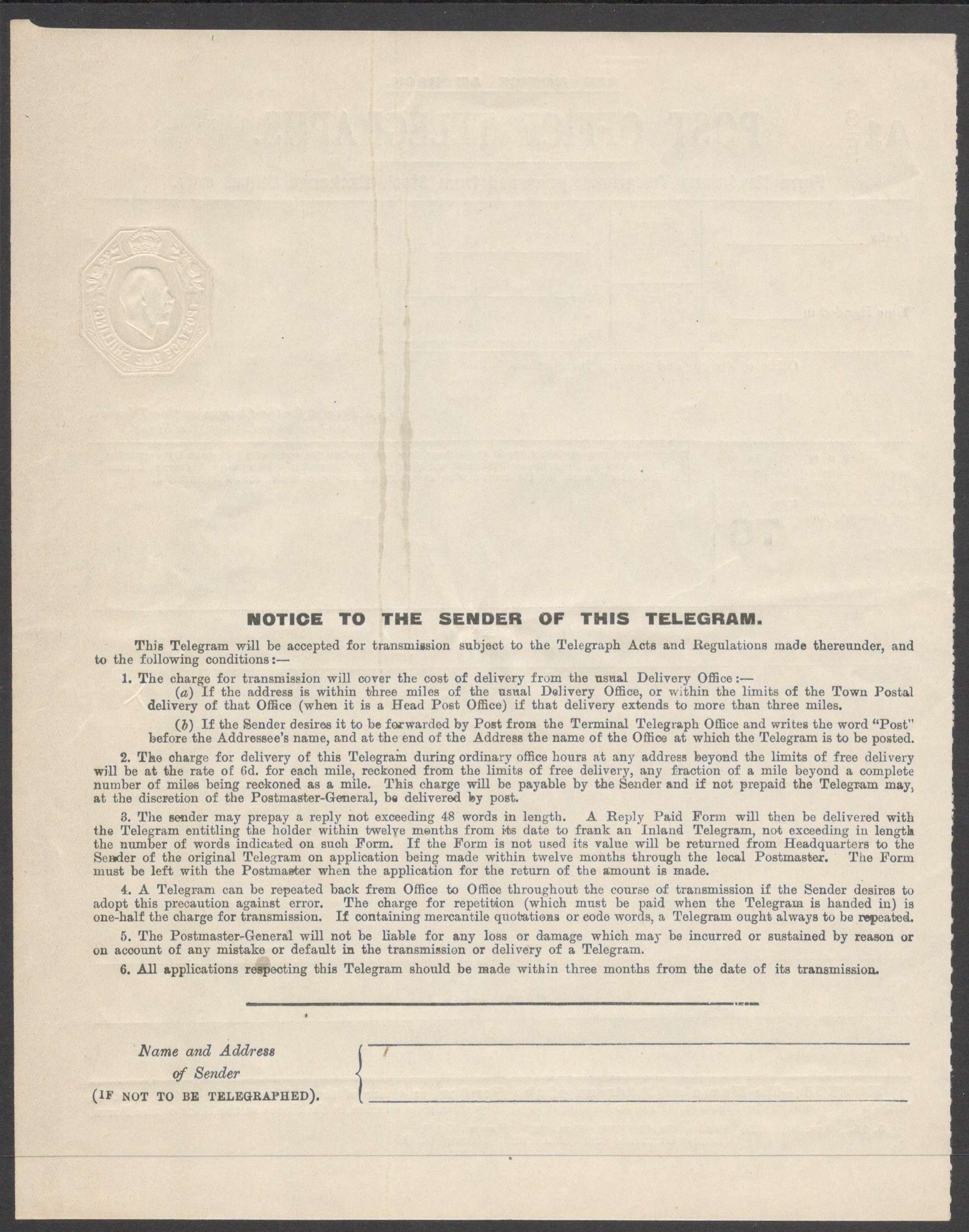 POST OFFICE INLAND TELEGRAM FORWARDED FROM STOCK EXCHANGE OFFICES ONLY KGV TELEGRAPH FORM 1 SHILLING - Image 2 of 2