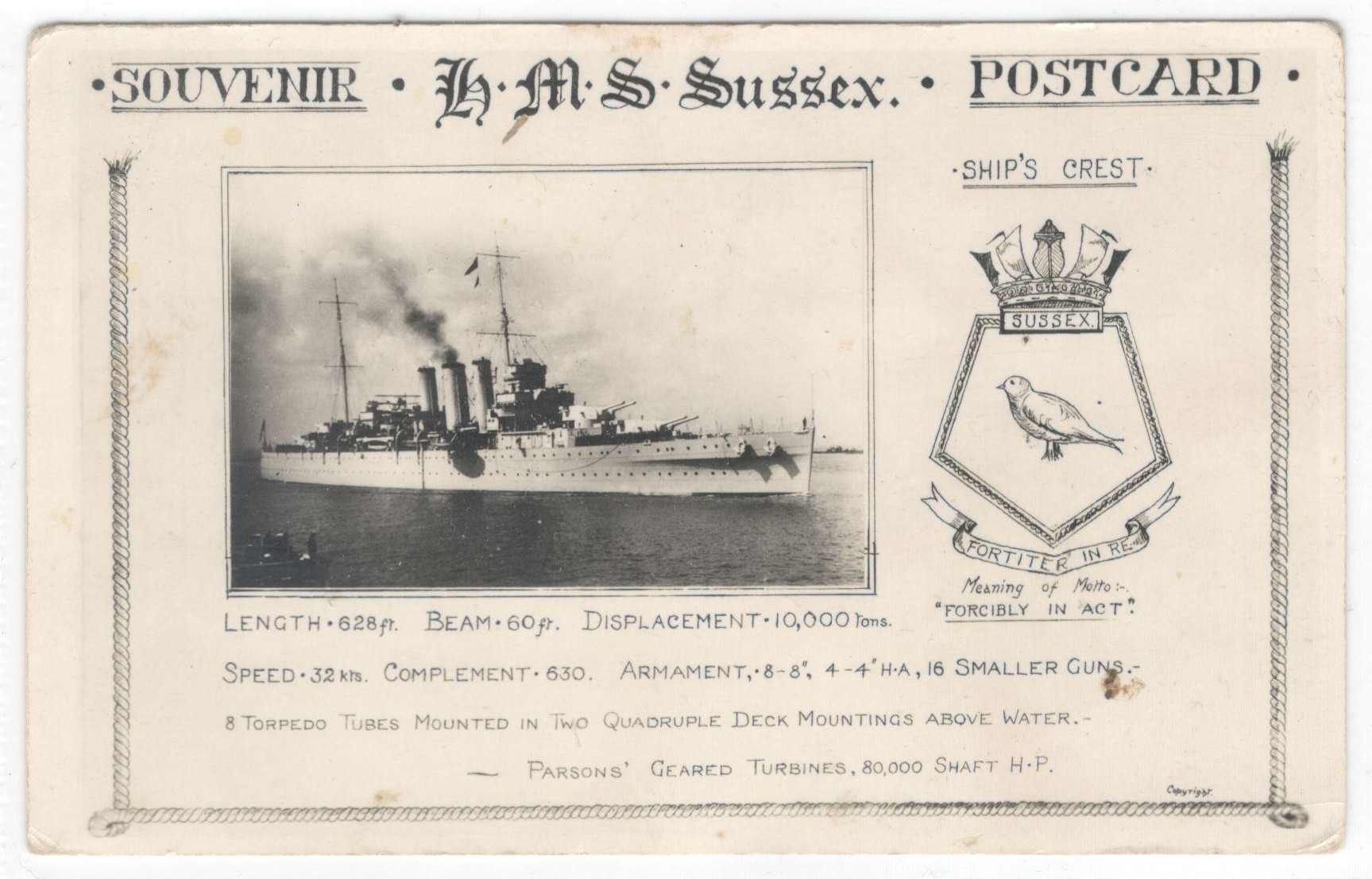 SOUVENIR POSTCARD FOR H.M.S. SUSSEX