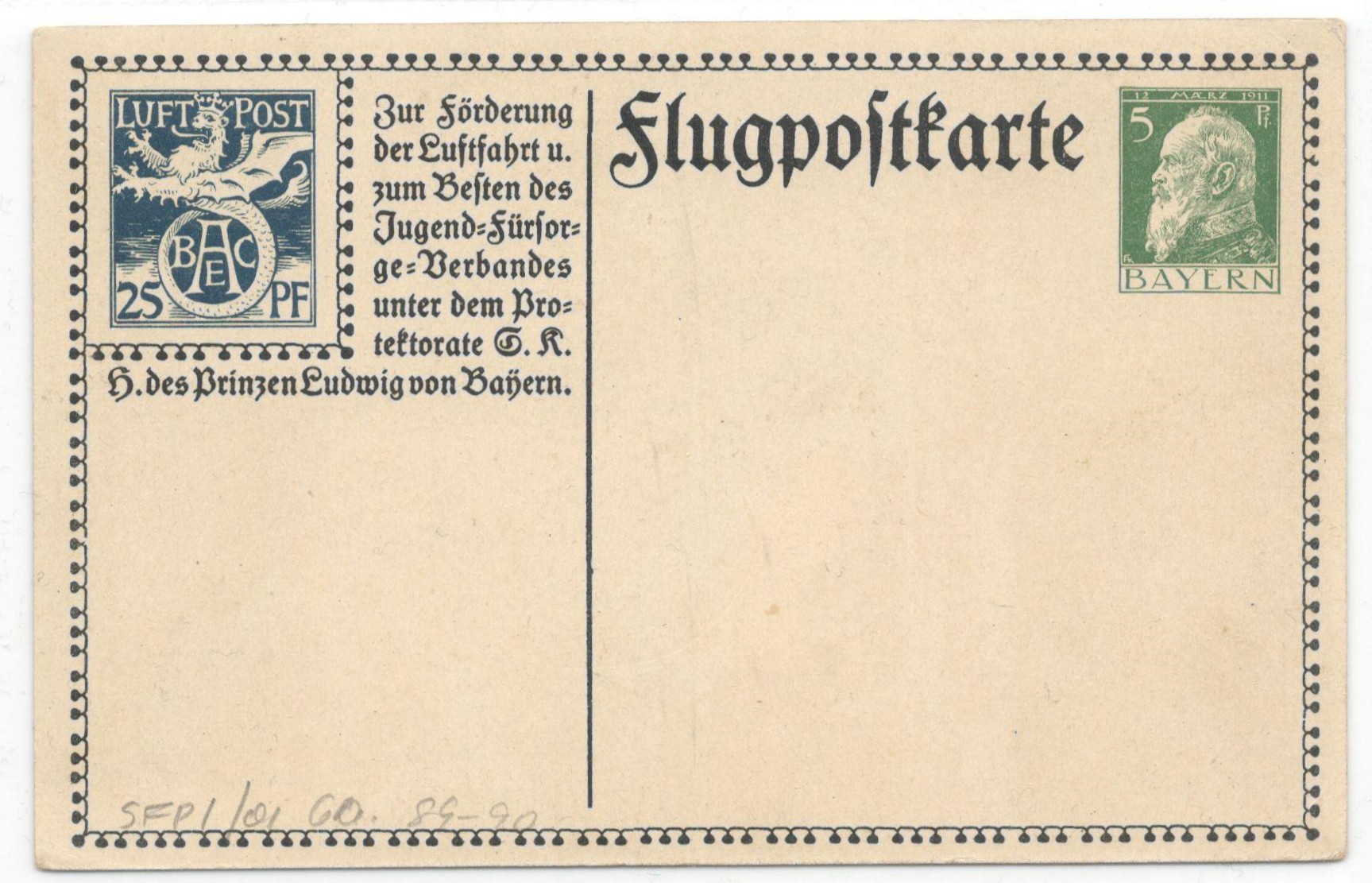 FLUGPOST POSTKARTE - LUFT POST BAYERN IMPRINTED BAYERN STAMP OF 5 Pf - Image 2 of 2