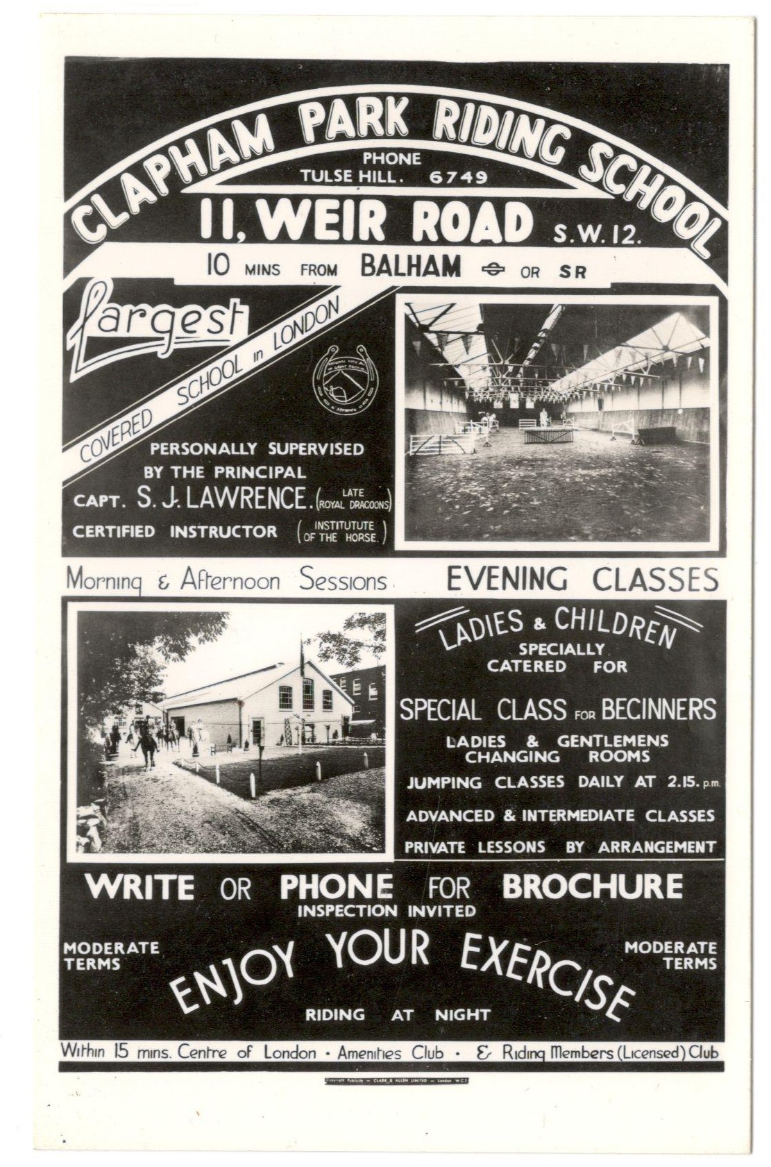 REAL PHOTO ADVERTISING POSTCARD CLAPHAM PARK RIDING SCHOOL II WEIR ROAD