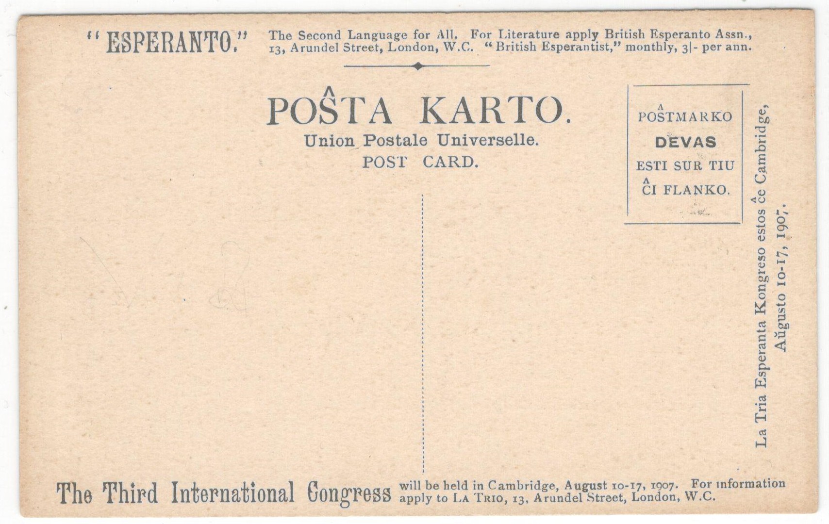 THE THIRD INTERNATIONAL CONGRESS - ESPERANTO POSTCARD 1907 - Image 2 of 2