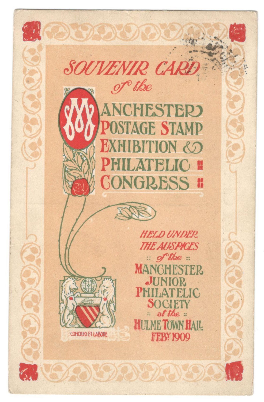 SOUVENIR CARD OF THE MANCHESTER POSTAGE STAMP EXHIBITION & PHILATELIC CONGRESS