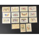 FIFTEEN EARLY EMBROIDERED SILK PATRIOTIC POSTCARDS IN VARIOUS CONDITION