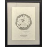 SIGNED PRINT OF FRAMED ORIGINAL SKETCH FOR REVERSE DESIGN OF THE FIFTY PENCE COIN