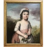 18th Century Portrait. Oil on canvas. “Young Girl Holding Flowers”. Measures 51cm x 61cm.