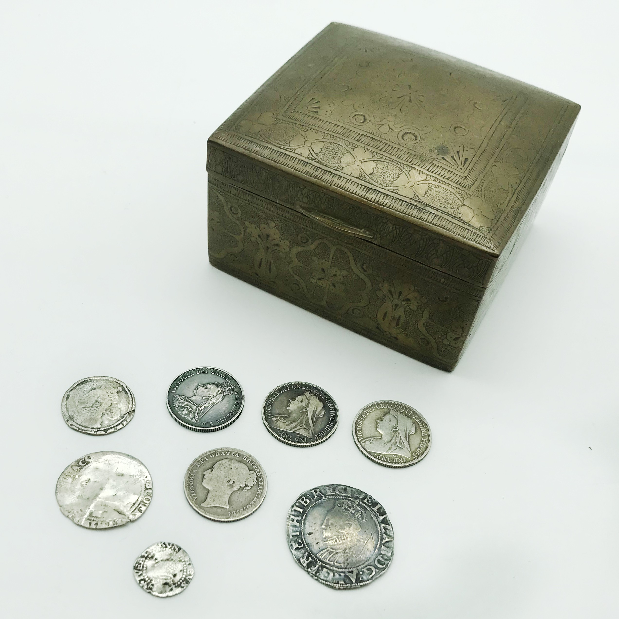 SMALL COLLECTION OF EARLY COINS IN A BRASS BOX