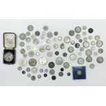 COLLECTION OF COINS INCLUDING SILVER & A SILVER EDUCATION MEDAL