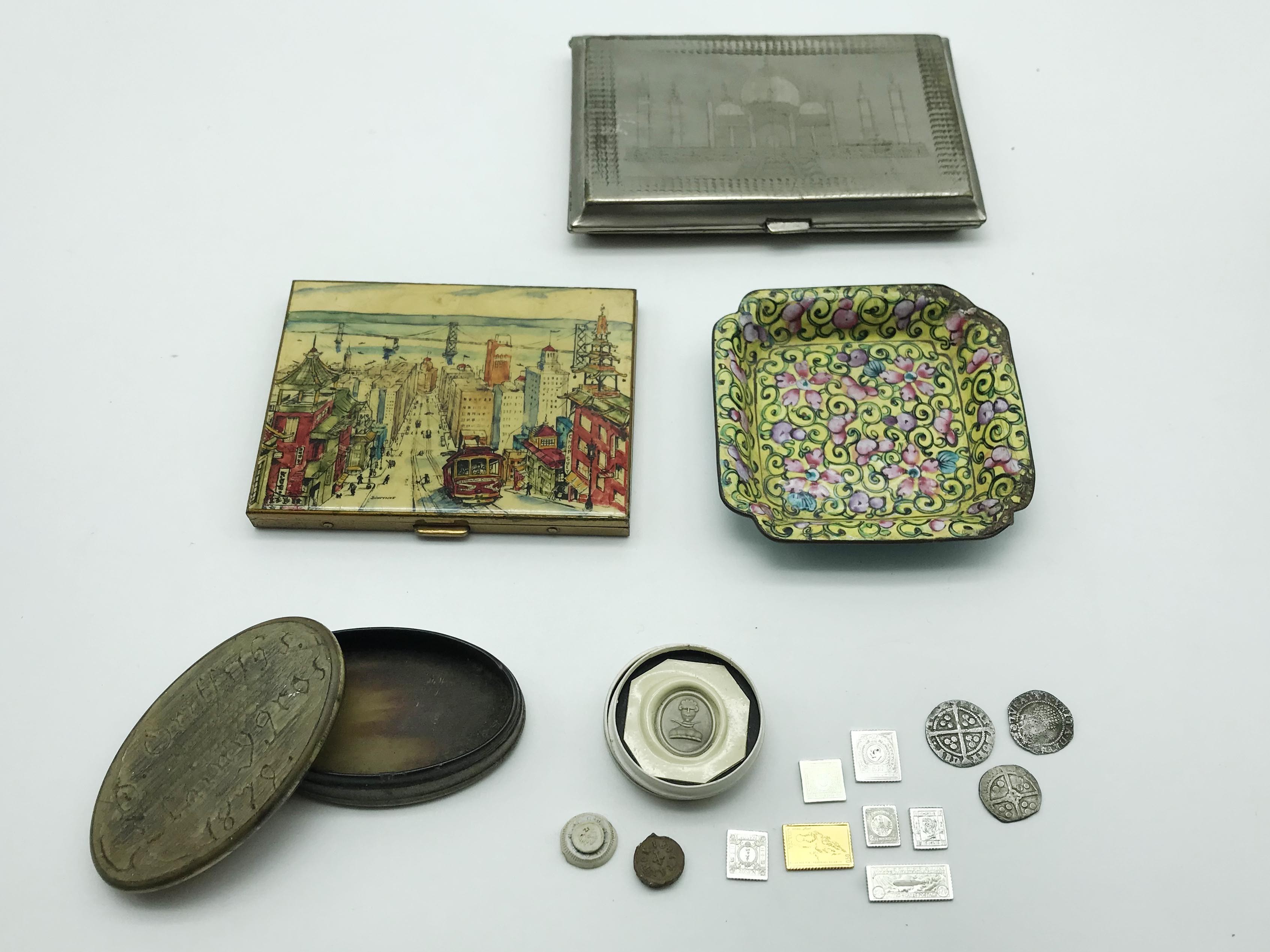 SMALL GROUP OF INTERESTING ITEMS INCLUDING HAMMERED COINS & MINIATURE SILVER STAMP INGOTS