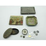 SMALL GROUP OF INTERESTING ITEMS INCLUDING HAMMERED COINS & MINIATURE SILVER STAMP INGOTS