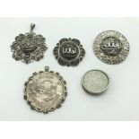 FIVE SILVER & WHITE METAL ISLAMIC BROOCHES