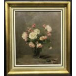 Louise Ellen Perman 1854-1921. Scottish. Oil on . “Still Life of Roses”. Signed with gallery label.