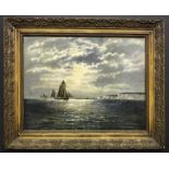 English School. Oil on board.”Sailing off the White Cliffs”. Indistinctly signed and Inscribed