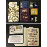 SMALL COLLECTION OF COINS, SOUVENIR COINS, MEDALS & STAMPS