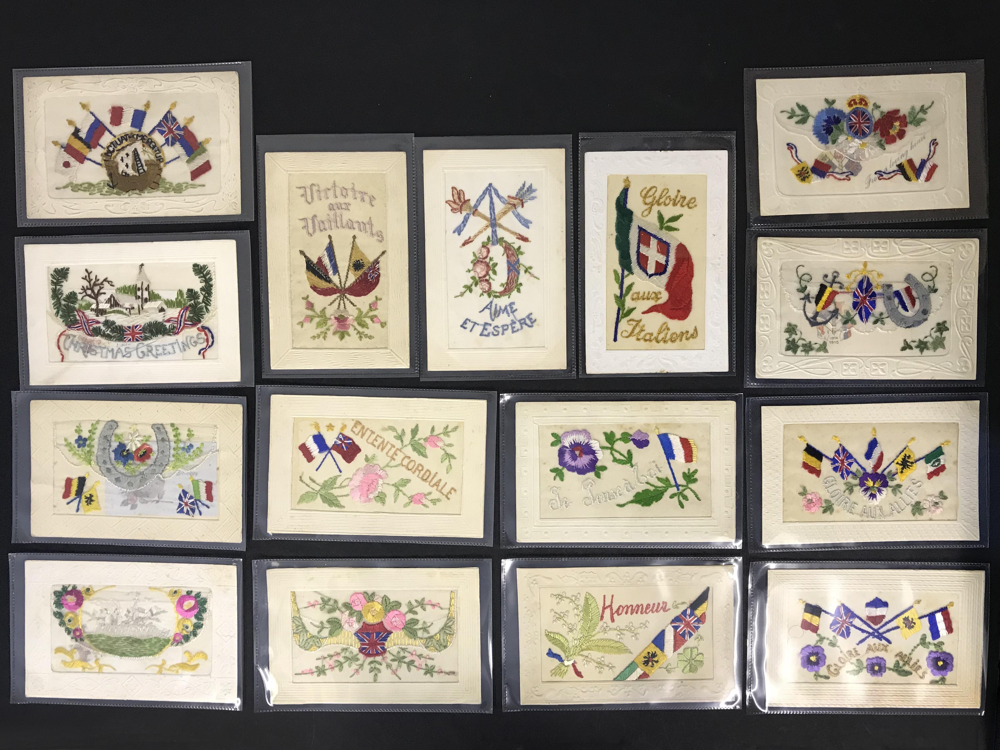 FIFTEEN EARLY EMBROIDERED SILK POSTCARDS IN VARIOUS CONDITION