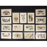FIFTEEN EARLY EMBROIDERED SILK POSTCARDS IN VARIOUS CONDITION