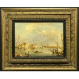 19th Century Venice School. Oil on board. “A Busy Venice Scene”. Indistinctly signed.