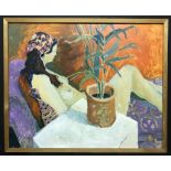 Diana Sylvester 1924-2009. British. Oil on board. “Nude on a Couch”. Signed and inscribed.