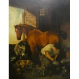 After Sir Edwin Henry Landseer, "Shoeing", oil on canvas, unsigned, 110 x 85 cm, gilt mount. This